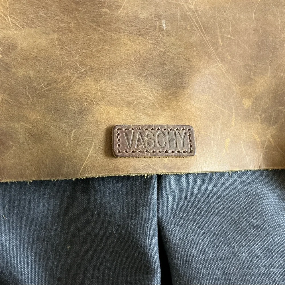 Messenger Bag VASCHY Brown Leather Denim Canvas Computer Pockets Crossbody Tote